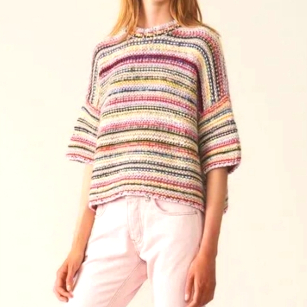 GANNI Mixed Knit Striped Sweater Multi-Color Boxy Crew Neck NWT